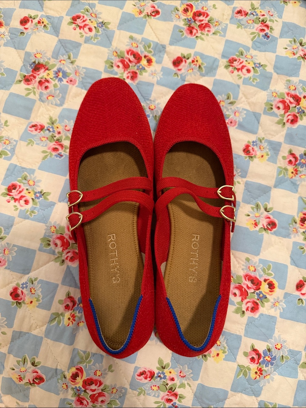 Rothy's Red Double-Strap Mary Jane Flats with Gold Buckles size 9 - Picture 2 of 4